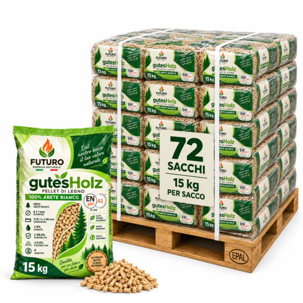 Pellet Futuro gutesHolz 100% abete bianco – Bancale 72 Sacchi da 15 kg